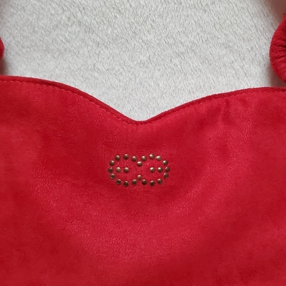 Vintage Escada Red Velvet Bronze Logo Sweetheart Knotted Strap Handbag